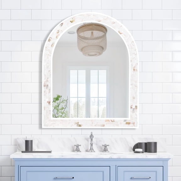White Arched Wall Mirror 30x36 Inches, Mosaic Bathroom Mirror with Shell Frame for Bathroom Living Room Bedroom or Entryway
