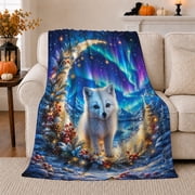 White Arctic Fox under Aurora Lights with Crescent Moon and Berries, Magical Winter Night Style for Fox Lovers, Warm Flannel Blanket for Bedroom and Cabin, Christmas Gift, Home Decor