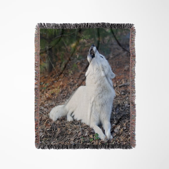 White Arctic Wolf, Howling 2, Woven Blanket