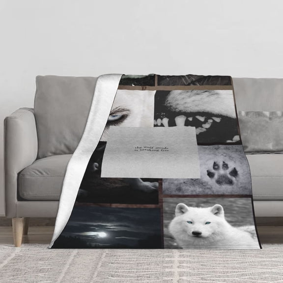 White Arctic Wolf Motivational Quote Collage Flannel Fleece Throw Blanket, Muted Grey Wildlife Photo "The Wolf Inside Is Breaking Free" Print Soft Cozy Lightweight Blanket for Sofa Couch Bed