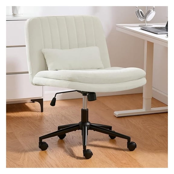 White Armless Office Chair with Wheels, Chenille Fabric Computer Desk Chair with Wide Seat and High Back, Adjustable Height Swivel Chair with Lumbar Support for Office, Bedroom and Vanity