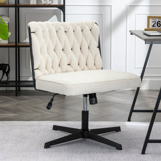 White Armless Office Desk Chair No Wheels, Height Adjustable Wide Seat Computer Task Chair, Teddy Fabric Mid Back Accent Chair for Living Room Bedroom