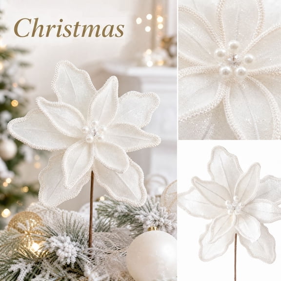 White Artificial Christmas Flower Decoration with Pearl Embellished Velvet Petals, Single Hobby, Elegant White Design, for Home Table Centerpiece, Floral Ornament