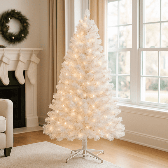 White Artificial Christmas Tree Prelit, Lighted Xmas Pine Tree Holiday Decoration with Dual Color LED Lights & Branch Tips, Include Metal Stand