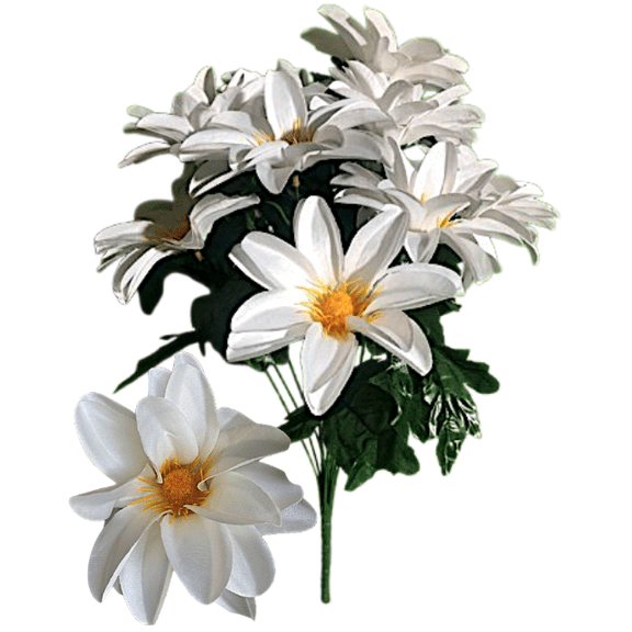 White Artificial Dahlia Bush 12 Stems, 4.5" Jumbo Flowers, 17" Faux Floral Bush for Cemetery Arrangements, Wedding & Home Decor