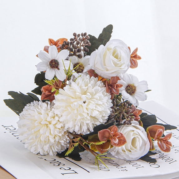White Artificial Fall Flowers Bouquet – Silk Roses & Chrysanthemums Arrangement, 12.2in Handmade Floral Centerpiece for Wedding, Home Table, Kitchen, and Autumn Decor