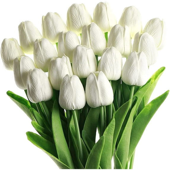 White Artificial Flowers 20 Pcs Faux Tulips PU Real Touch Fake Flowers for Home Office Wedding Decor Arrangement Bouquet Faux Flowers for Decoration