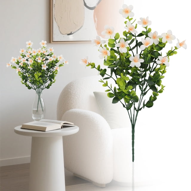 White Artificial Flowers with Eucalyptus Leaves 1 Bunch Colored Faux for Outdoor Spring Decoration Realistic Suitable for Courtyards Family Gardens Flower Pots by Miyuadkai
