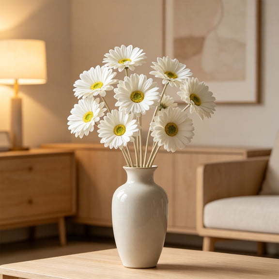 White Artificial Gerbera, Pure Real Touch Faux Daisy with Bendable Stalks, Minimalist Floral Decor, Elegant Arrangement for Home Wedding Party Vase Centerpiece, 15.16*3.35in