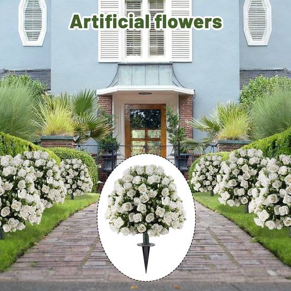 White Artificial Mini Rose Stake Tree With Realistic Greenery - Spring Summer Outdoor Garden Patio Decoration, Indoor Home Accent Piece - Outdoor Garden Patio, Indoor Living Room,