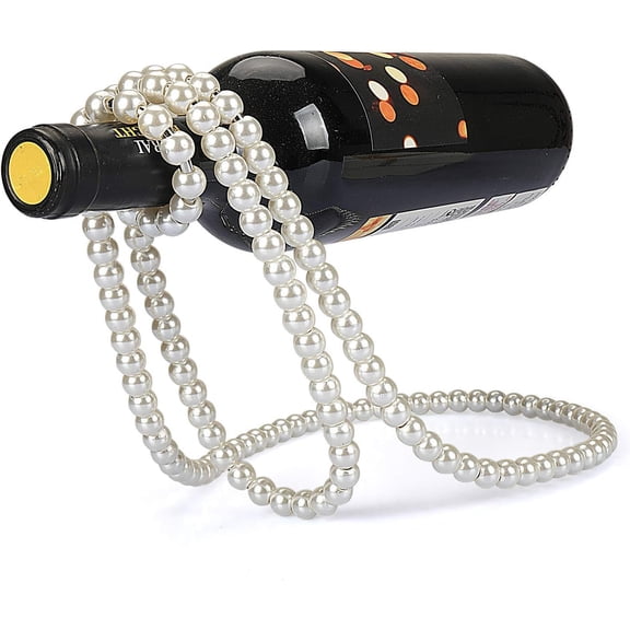 (White) Artificial Pearl Necklace Floating Wine Rack, Metal Wine Bottle Holder, Wine Bottle Stand for Bar and Home Decoration