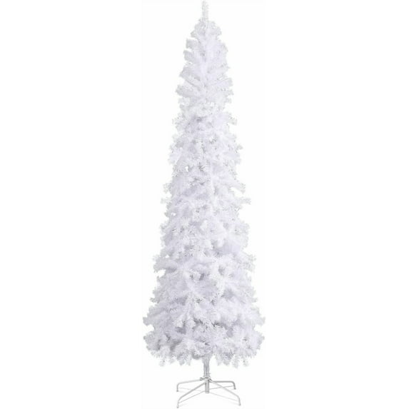 White Artificial Pencil Christmas Tree 9ft Unlit Slim Skinny Xmas Tree with Metal Stand Base and Hinged PVC Branch Tips for Home Office Indoor Outdoor Decoration Holiday Party Decor