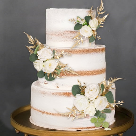 White Artificial Rose Bouquet with Gold Ferns & Eucalyptus Faux Floral Arrangement for Wedding Centerpiece, Home Decor, Table Decoration, 30x25x8cm