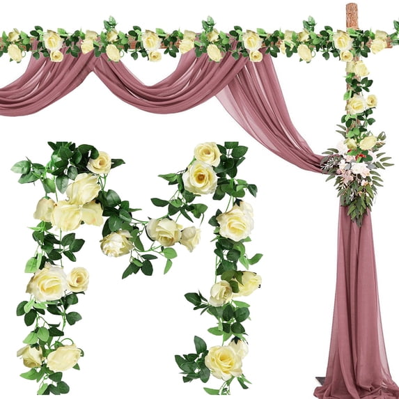 White Artificial Rose Vine – Dusknt Silk Flowers Vine Garlands for Wedding Garden Wall Decoration, Faux Rose Vine for Home & Party, Spring Floral Styling
