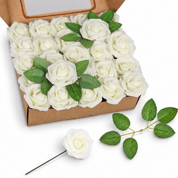 White Artificial Roses 50Pcs, Real Touch Ivory White Fake Foam Flowers with Stems & Leaves, Pure Lifelike Roses for Bridal Wedding, Baby Shower, Minimalist Home & Farmhouse Table Decor