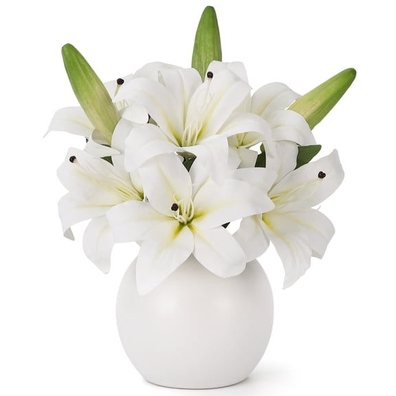 White Artificial Tiger Lilium Flowers in Ceramic Vase - 3 Stems with 6 Real Touch Blooms & 3 Buds - Faux Floral Bouquet for Home Decor, Table, Gift, Wedding - White