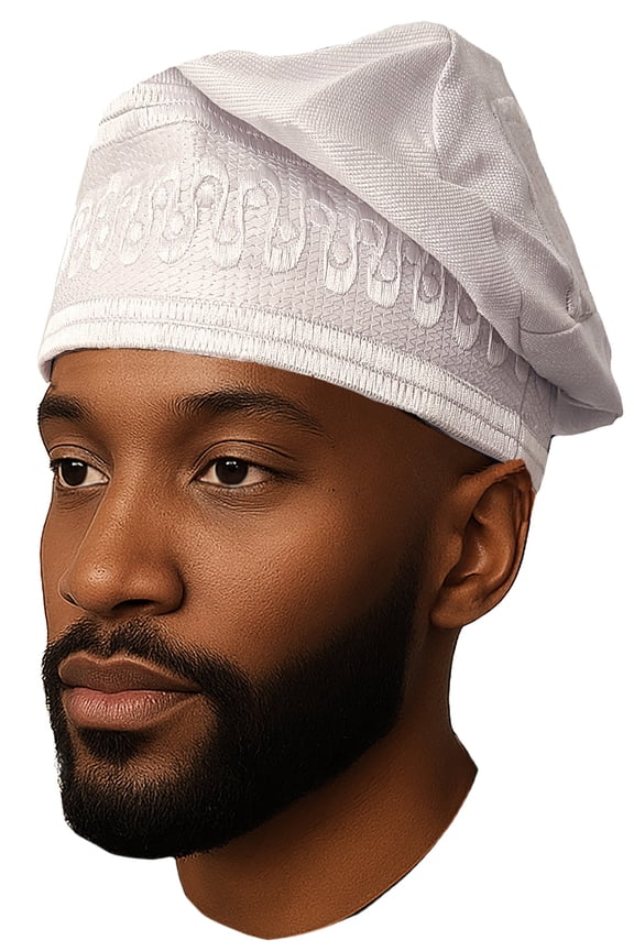 White Aso Oke Nigerian Men’s Hat – Traditional African Embroidered Cap for Agbada, Weddings, Church, Cultural Events