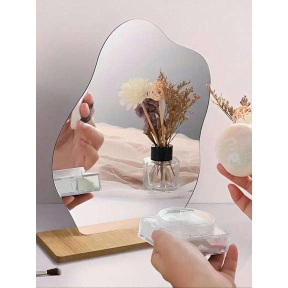 White Asymmetrical Shaped Desktop Mirror With Minimalist Wooden Base For Makeup And Home Decor