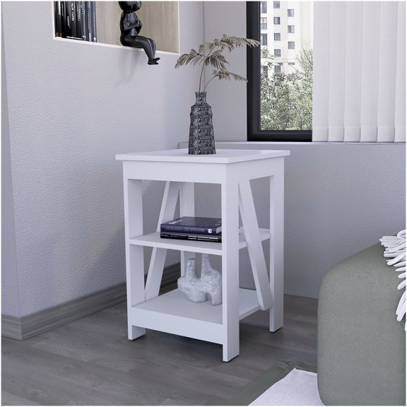 White Auxiliary Table with Two Shelves, Engineered Wood End Table for Living Room, Bedroom, or Office