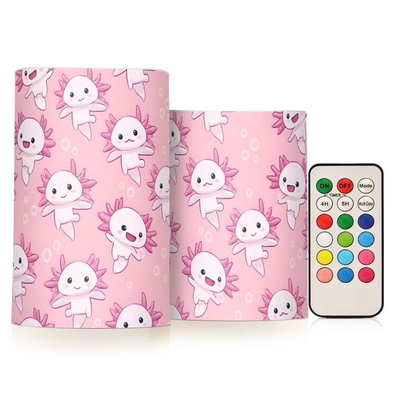 White Axolotl Pattern Flameless LED Candle Set with Remote, Battery Operated Color Changing Pillar Candles, Set of 2