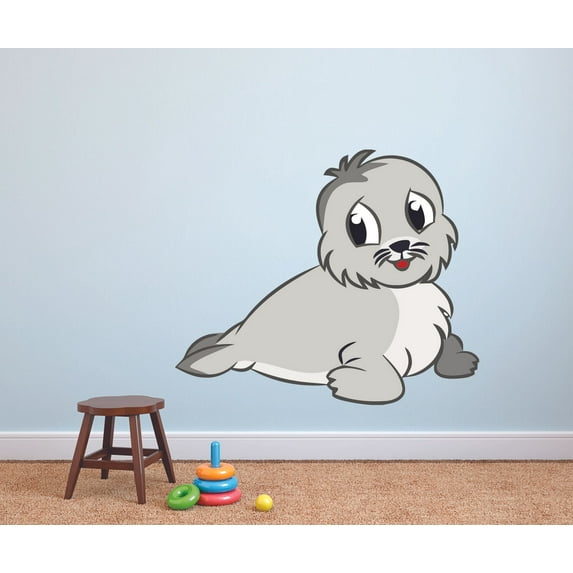 White Baby Seal Sea Lion Cute Playful Cartoon Character Wall Art Decal Vinyl Sticker Girls Boys Room Bedroom Nursery Kindergarten House Fun Home Decor Stickers Wall Removable Vinyl Mural 30x15 inch