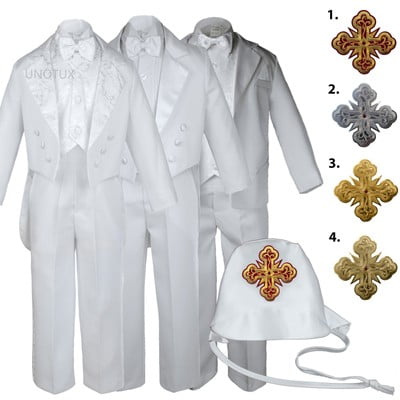 White Baby Toddler Boys Easter Christening Baptism Formal Tuxedo Suits Cross Hat