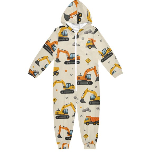 White Background Excavator Boys & Girls Hooded One-Piece Pajamas Warm Crystal velvet Hooded Long Sleeve Loungewear Jumpsuit Unisex