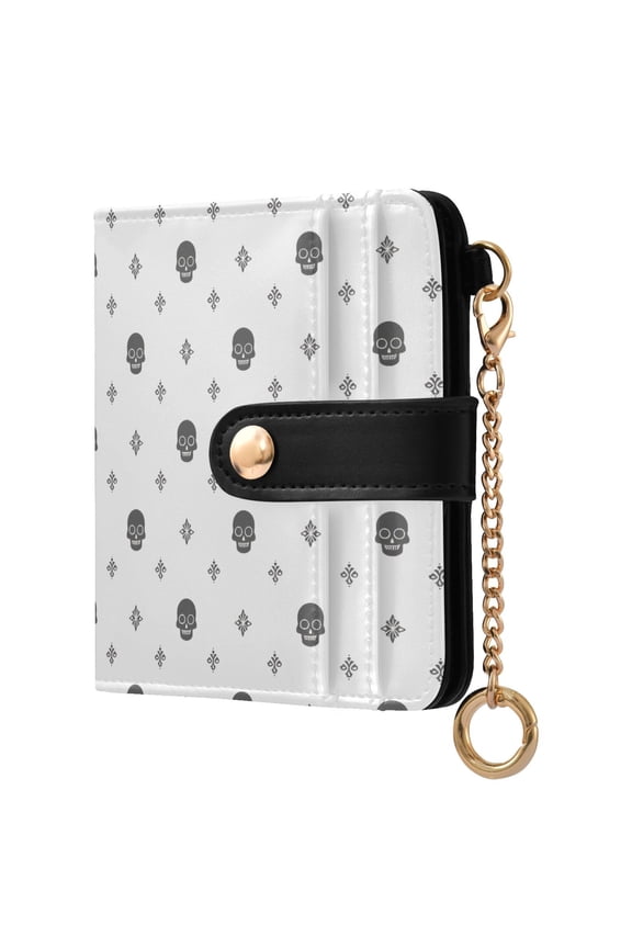 White Background Gray Skulls and Symbols Small Wallet for Women RFID Blocking Bifold PU Leather Credit Card Holder with Zipper Coin Pocket Compact Cute Travel Purse Magnetic Snap 7 Card Slots