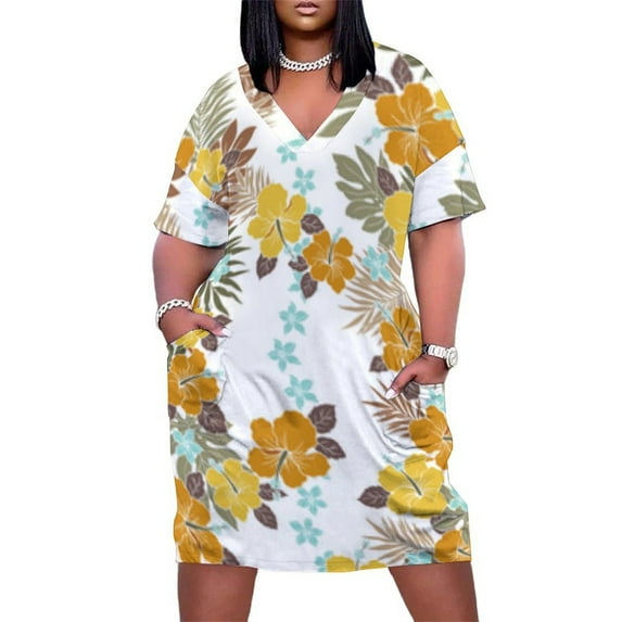White Background Hibiscus Floral Pattern Summer Dresses for Women Beach Boho