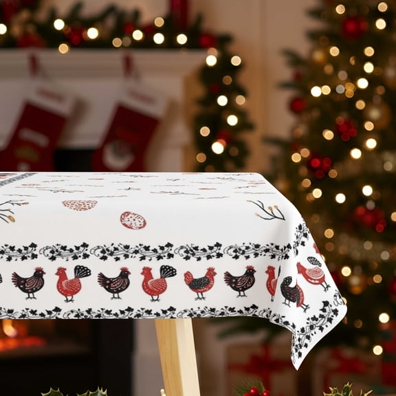 White Background Red Rooster Rectangle Tablecloth, 4th of July Thanksgiving Cover, All-season Cloth for Farmhouse Indoor Outdoor Scenes
