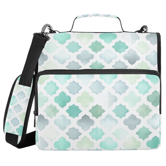 White Background with Mint Green Pattern Binder Bag with Shoulder Strap 3 Ring Zipper Binder File Folder Document Storage