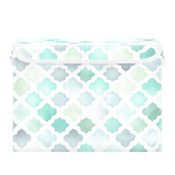 White Background with Mint Green Pattern Foldable Storage Bins with Lids Handles Collapsible Storage Containers Tote Boxes 16.5 x 12.6 x 11.8 inches