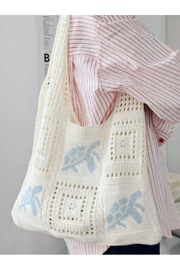 White Bag With Blue Palm Tree Motif, Open Weave Summer Shoulder Bag