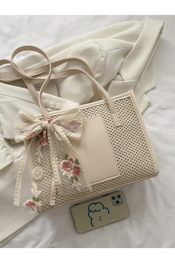 White Bag With Floral Embroidery And Lace Bow Detail