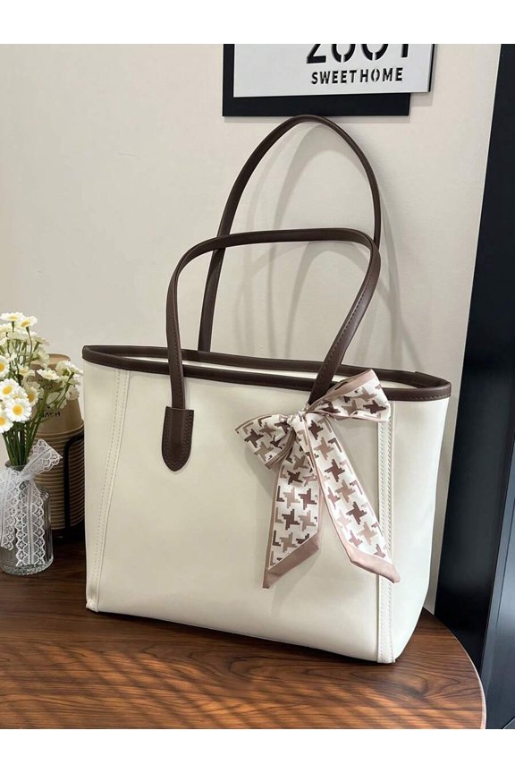 White Bag With Houndstooth Scarf Bow, Large Capacity Minimalist Shoulder