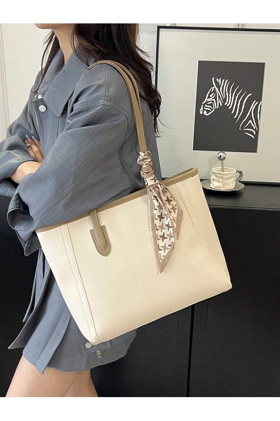 White Bag With Houndstooth Scarf Bow, Large Minimalist Shoulder Style