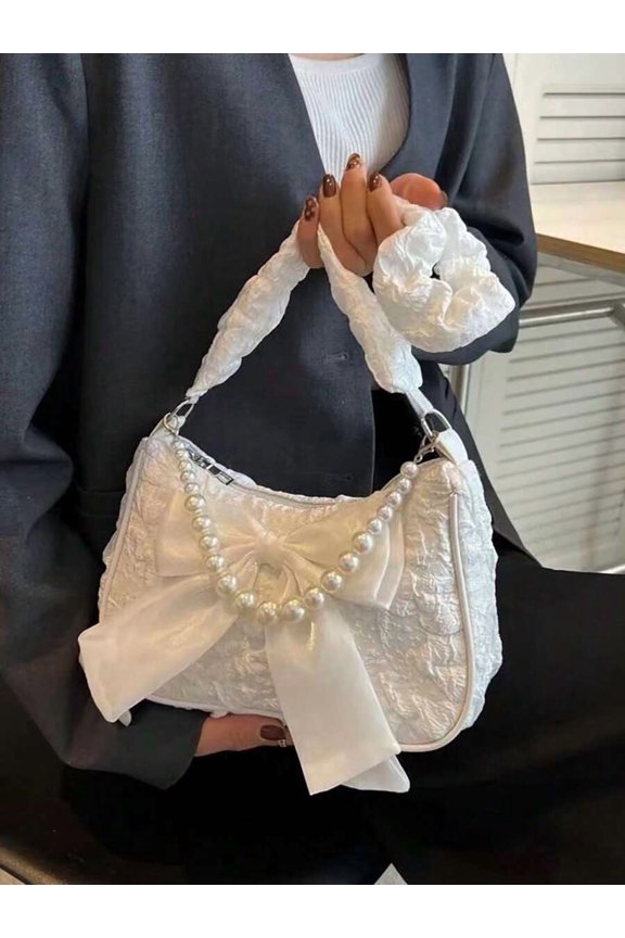 White Bag With Pearl Chain Bow And Ruched Strap