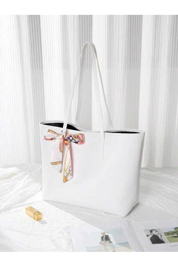 White Bag With Scarf Bow Detail, Large Capacity Handbag For Work Or Daily