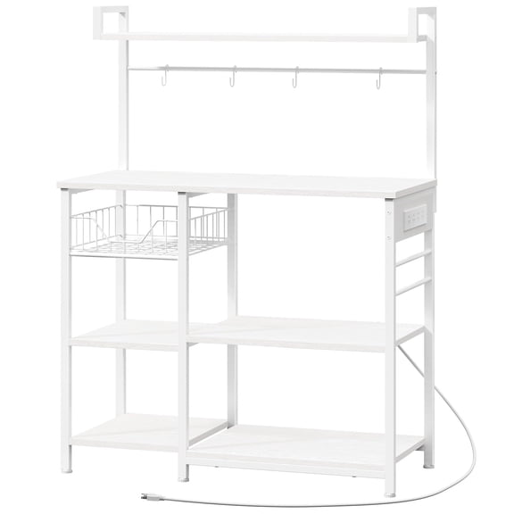 White Bakers Rack with Power Outlet, 35.4 Inch Kitchen Storage Shelf