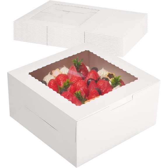 White Bakery Boxes, Large Baking Boxes, 15pcs Cake Boxes (10x10x8 Inches Tall with Window), Square Cardboard Cake Box for Multi-Layer Cakes, Cake Decorating Supplies for Gift Giving