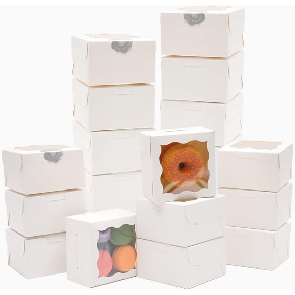 White Bakery Boxes With Window - 4x4x2.5 Inches Small Size Pastry & Mini Cookie For Bakeries Thick Sturdy (100 Packs)