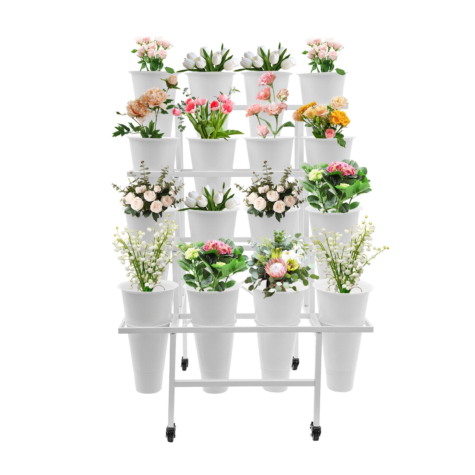 White Steel 4-Tier Plant Stand with 16 Buckets and Wheels