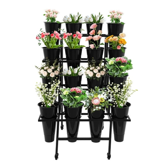 White / Balck 16 Buckets Flower Display Stand 4 Layers Plant Cart, Steel+PP 4 Wheels Moving Flower Rack for Indoor, Outdoor Patio Garden, Living Room, Florist