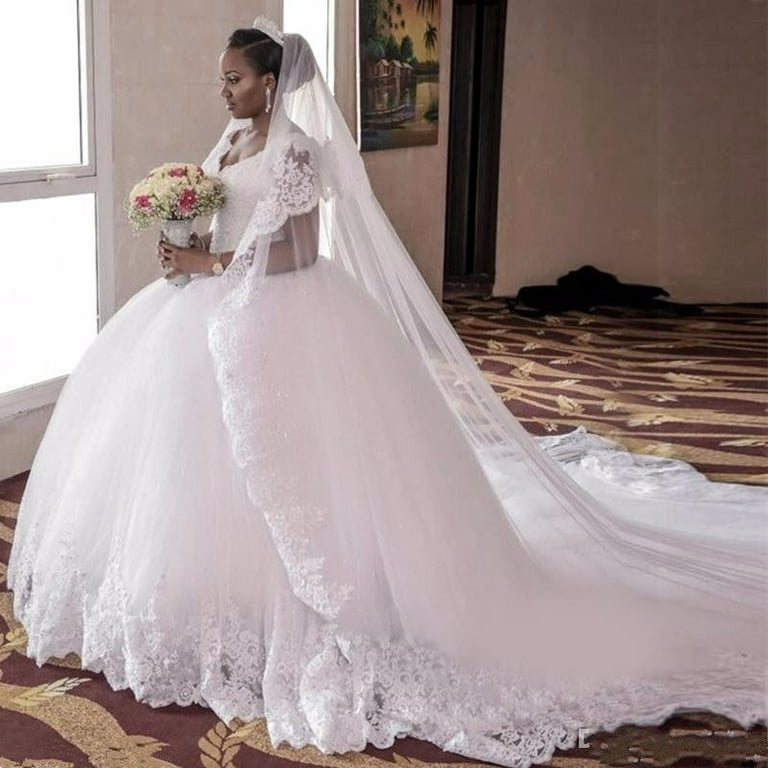 White Ball Gown Long Wedding Dress Short Sleeves Bridal Dresses