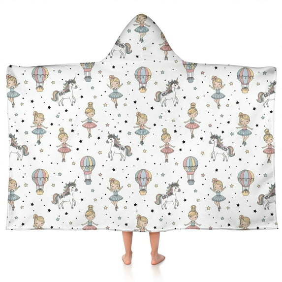 White Ballerina Unicorn Pattern Hooded Bath Towel,50"x30" for Ages 3 To 12 Kids, Quick Dry Lightweight Soft Microfiber Hood Beach Towel Cover Up for Kids