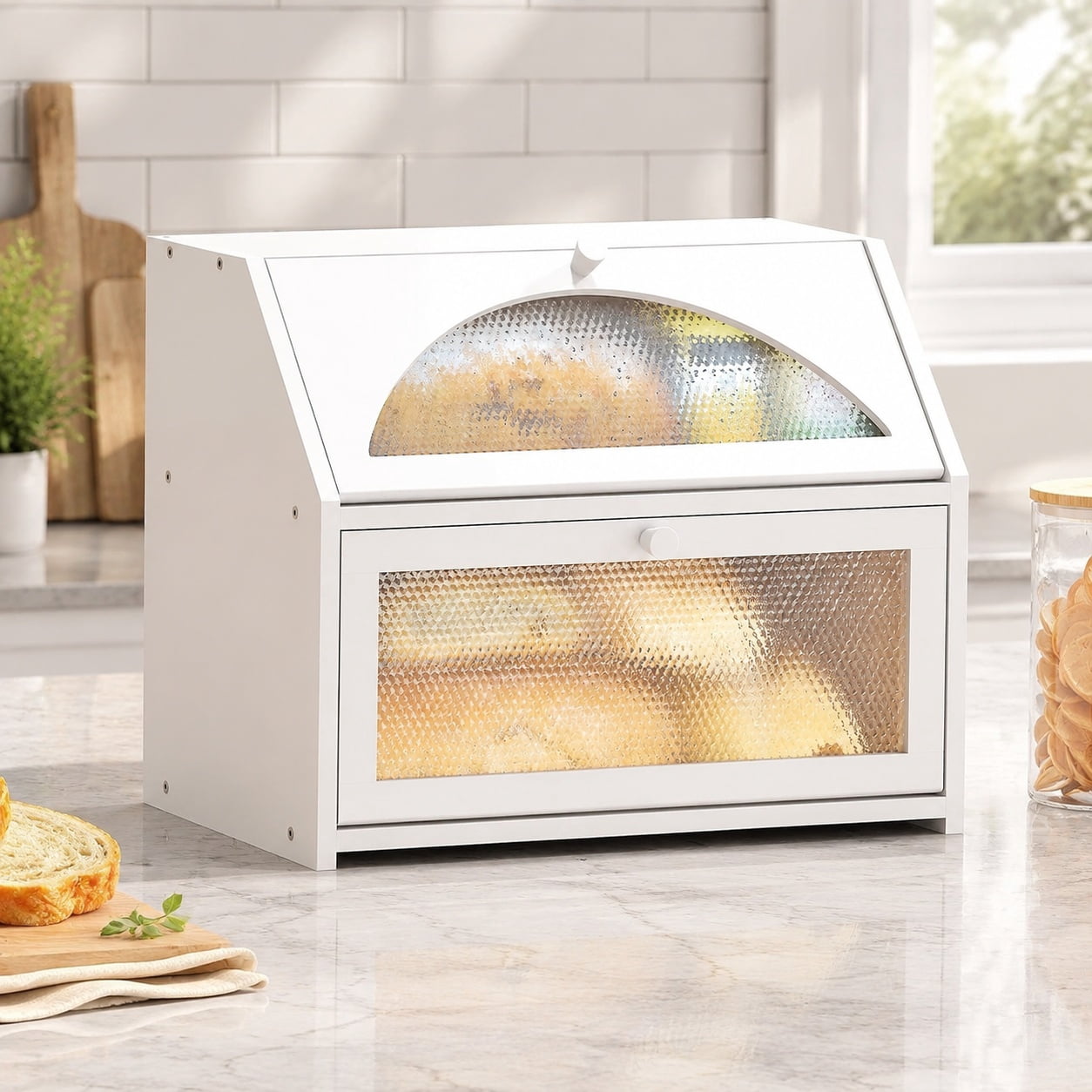 White Bamboo Double-Layer Bread Box with Acrylic Diamond Pattern Glass ...