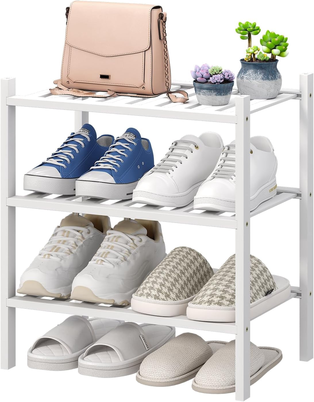 Shoe Rack Little White Bamboo Wood 3-Tier Small Shoe Rack Organizer for Entryway, Closet ...