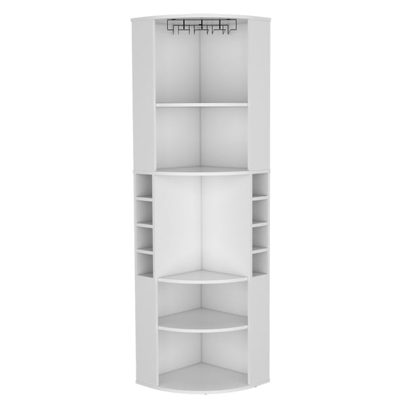 White Bar Cabinet | Elevated Glass Holder, Space - Efficient Corner Setup | Engineered Wood Build | Solves Stemware Storage Difficulty