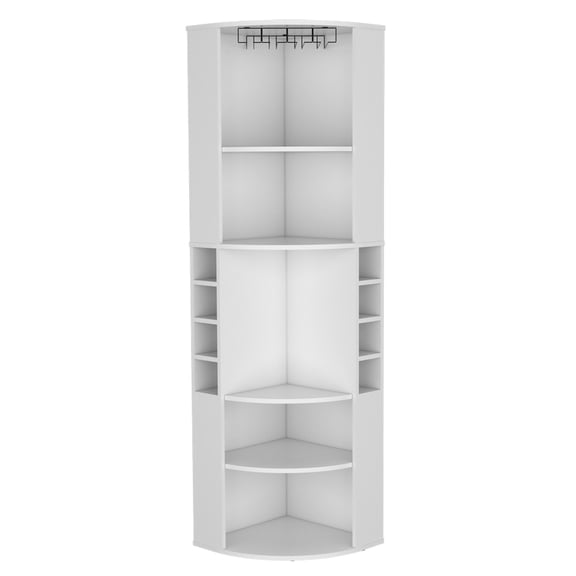 White Bar Cabinet | Elevated Glass Storage, Space - Saving Corner Use | Made of Engineered Wood | Solves Mixology Supply Storage