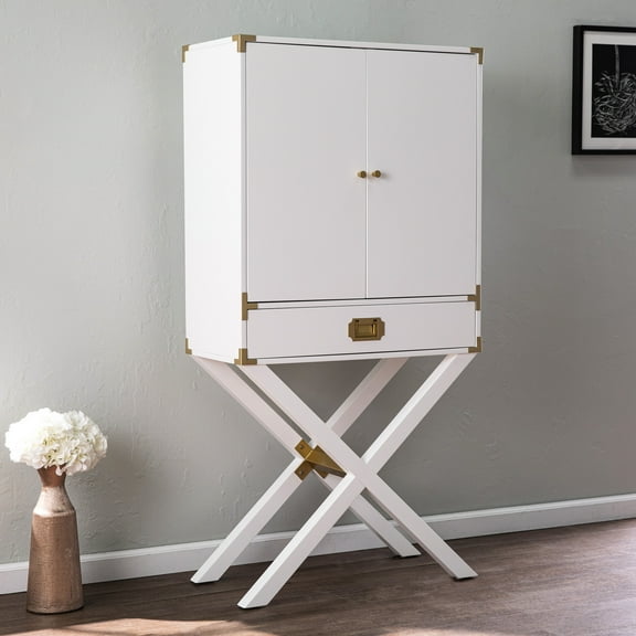 White Bar Cabinet For Entertaining - 34 In Package Width, Spacious Tall Drinks Chic Gold Accents, Stylish Design